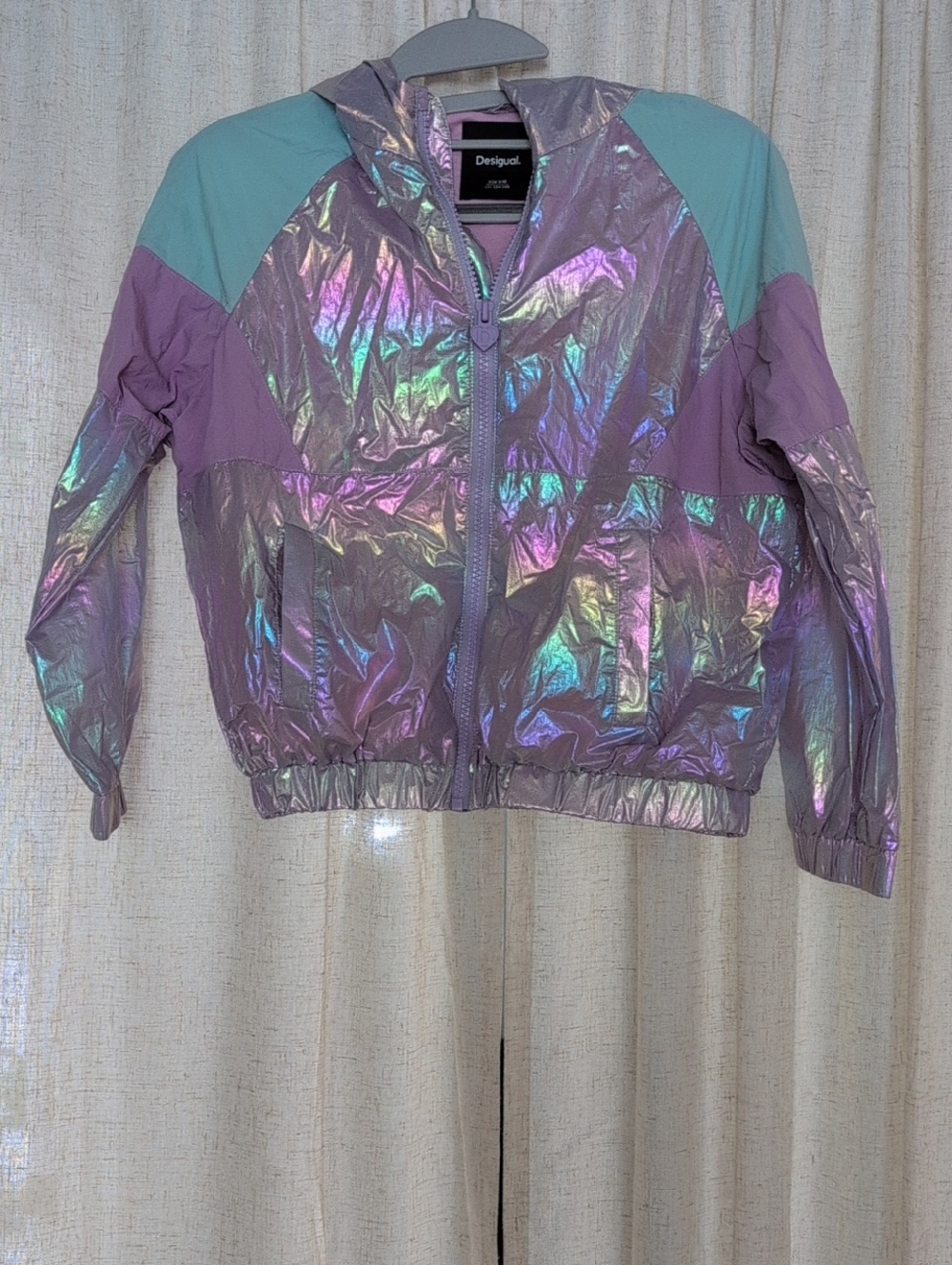 Desigual Iridescent Lavender and Mint Colorblock Hooded Jacket